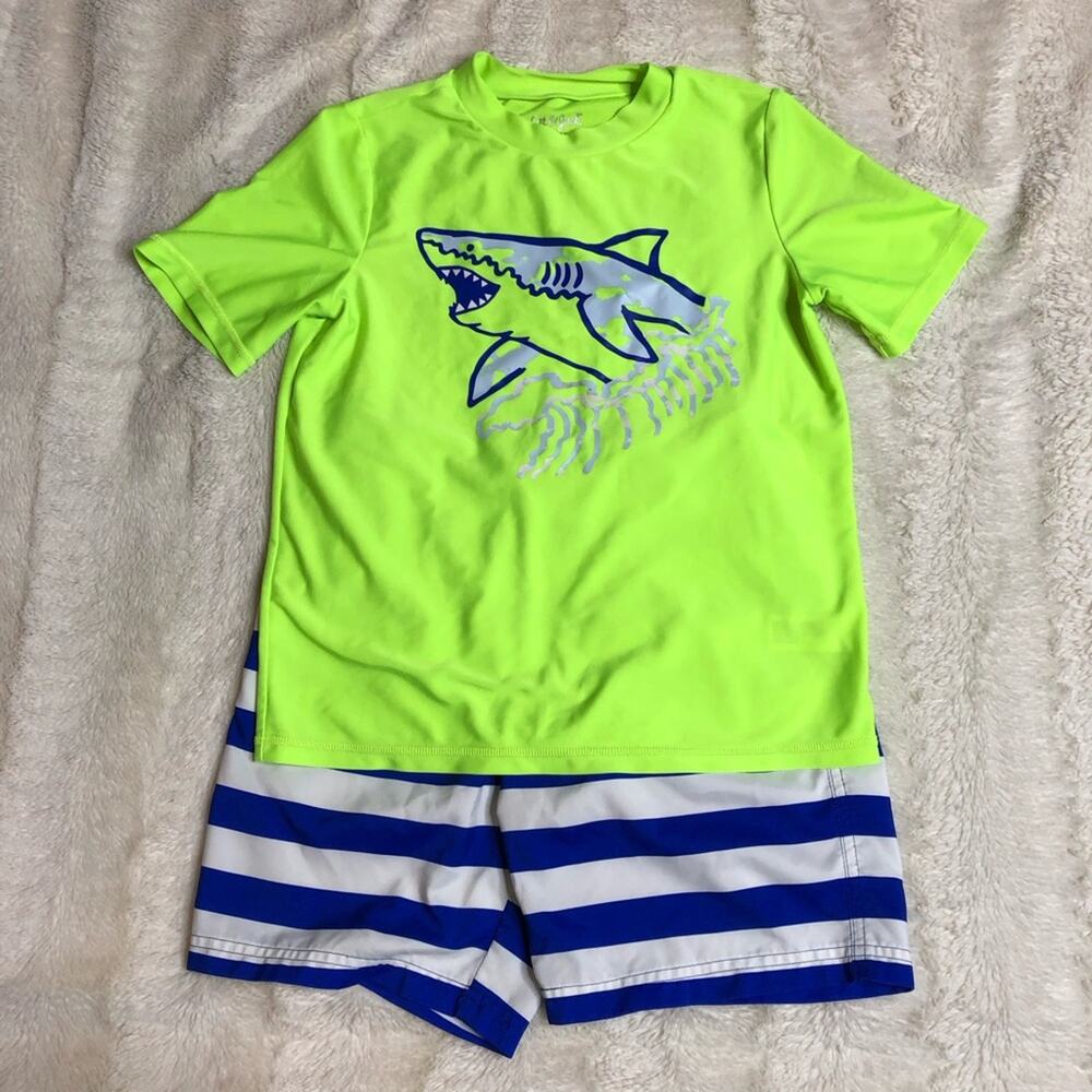 Cat & Jack blue yellow white shark rash guard swim trunk set size Large 10-12